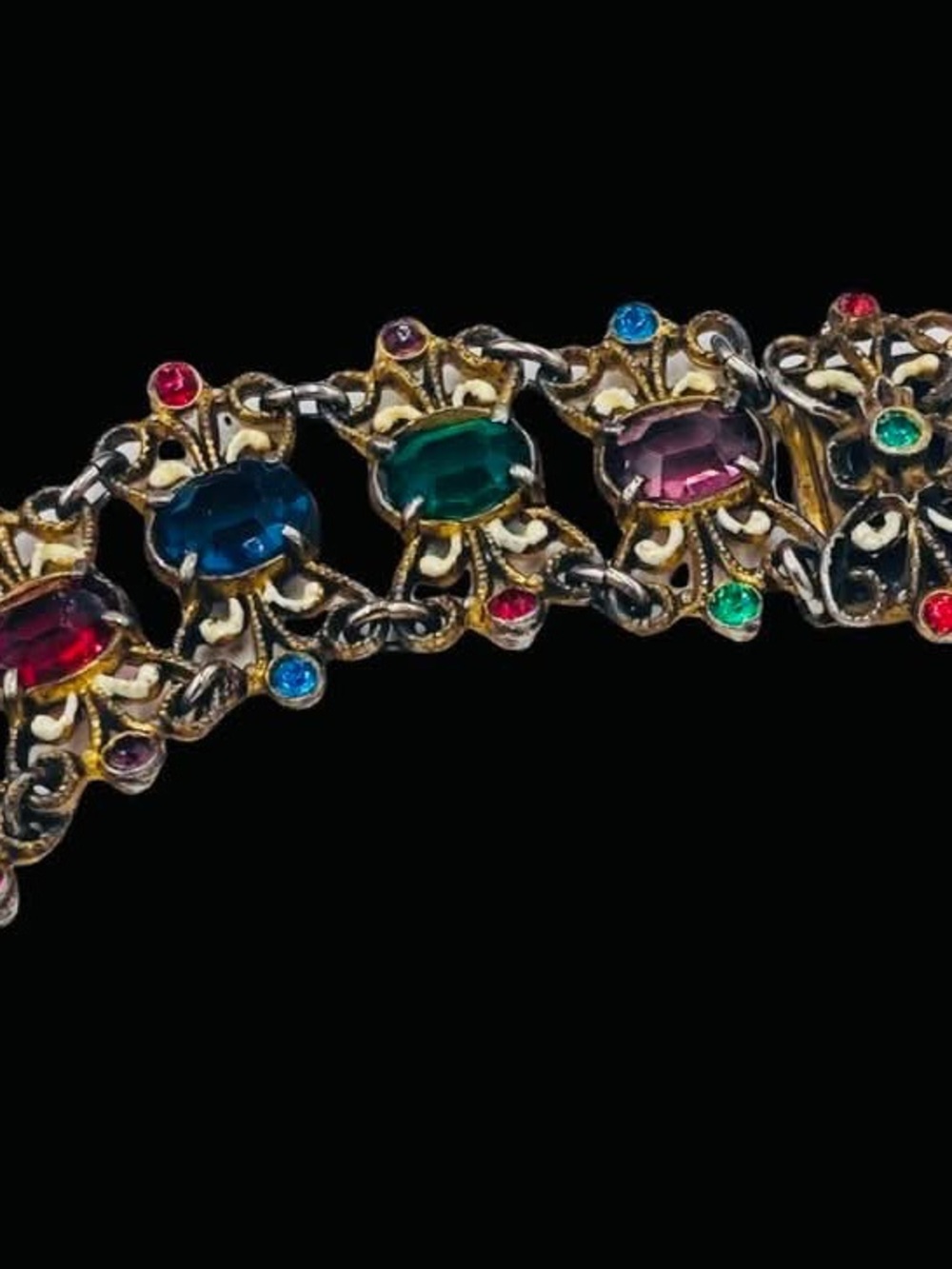 Antique 1930’s Czech Multi Color Oval Rhinestone Enamel Bracelet - Picture 4 of 9